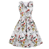 Multicolor Floral Print Rockabilly Retro Women V-Neck 95% Cotton Black Vintage Tunic Pleated Dress