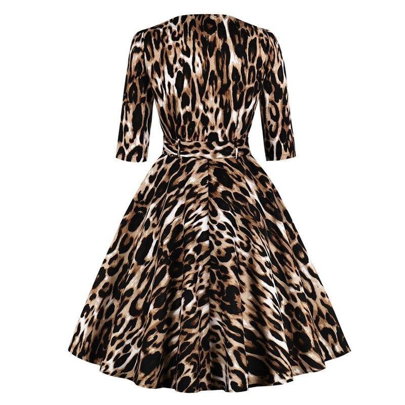 Retro Leopard Print Rockabilly 95% Cotton Adjustable Front Zipper Belted Office Lady Autumn Vintage Dress