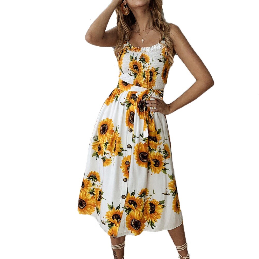 Ladies Print Sundress Strapless Ruffle Sashes Women Button Backless Summer Beach Dress