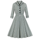 Green Striped Notched Collar Women Vintage Shirt Button Up 3/4 Sleeve Autumn Belted Office Lady Flared Dress