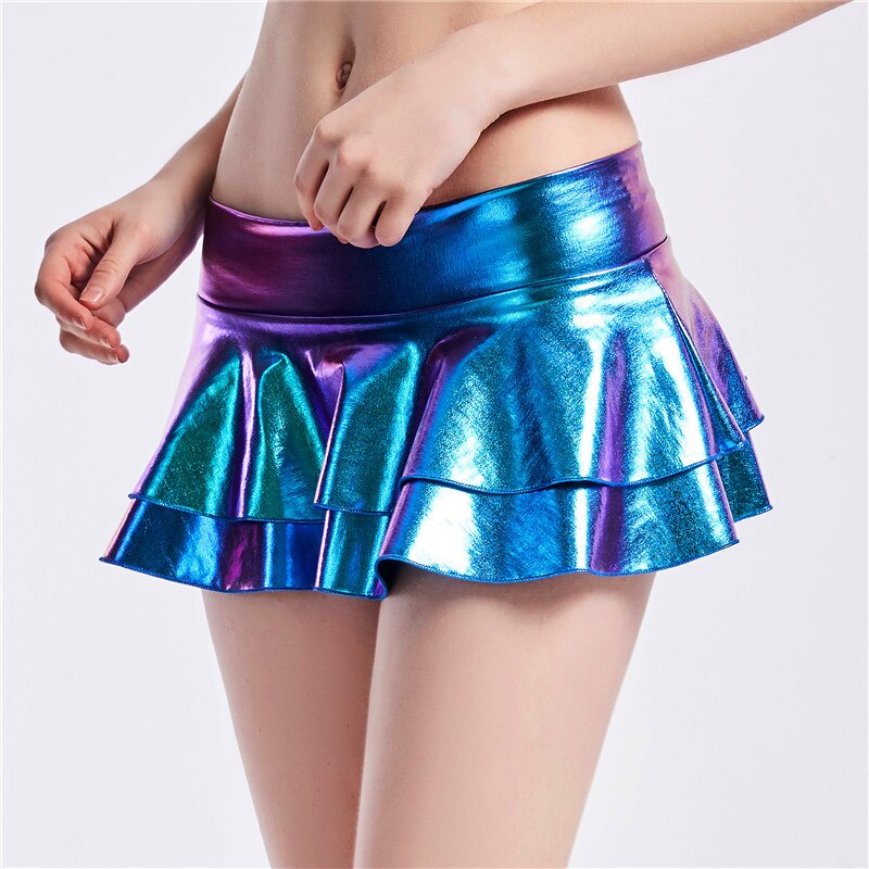 Bling Metallic Color Midi Waist Sexy Skinny Night Club Party Patchwork Double Layer Skirt