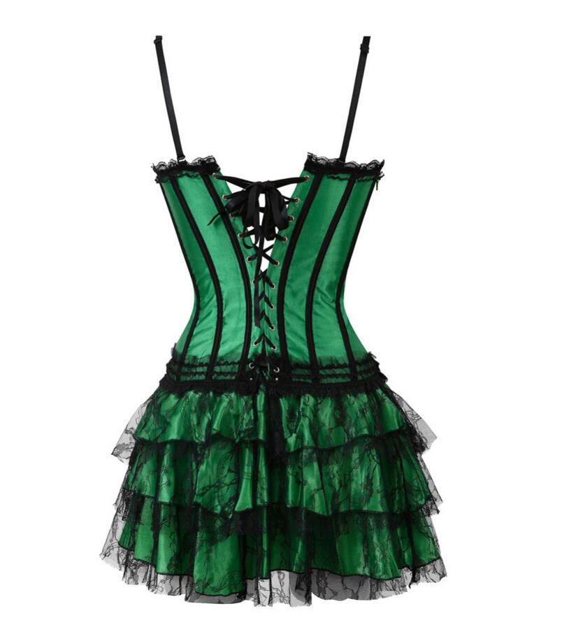 Women Sexy Shoulder Straps Overbust Corset Bustier Top With Mini Lace Skirt Fancy Dresses Costume Sexy Gothic Corsets Dress