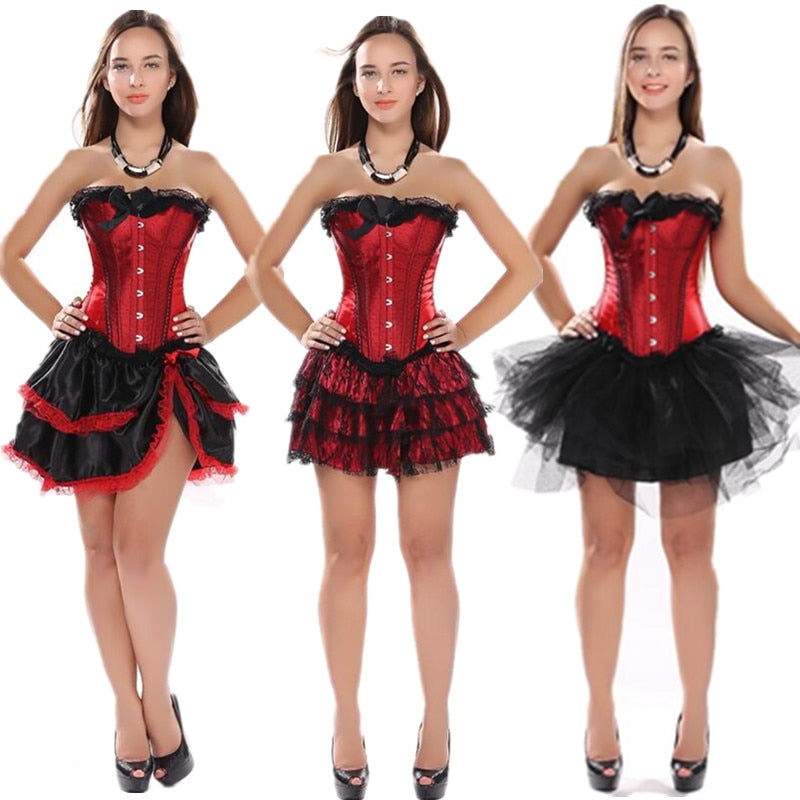 Sexy Satin Lace up Boned Overbust Corset and Bustier with Lace Trim Dancer Showgirl Corset Tops And Skirt