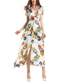 Women Maxi Sundress Button Up Split Floral Print Flower Evening Party Long Dress