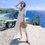 Women Summer Vintage Button Dress Bow sleeves Sexy V-Neck Slit Casual Chic Sundress