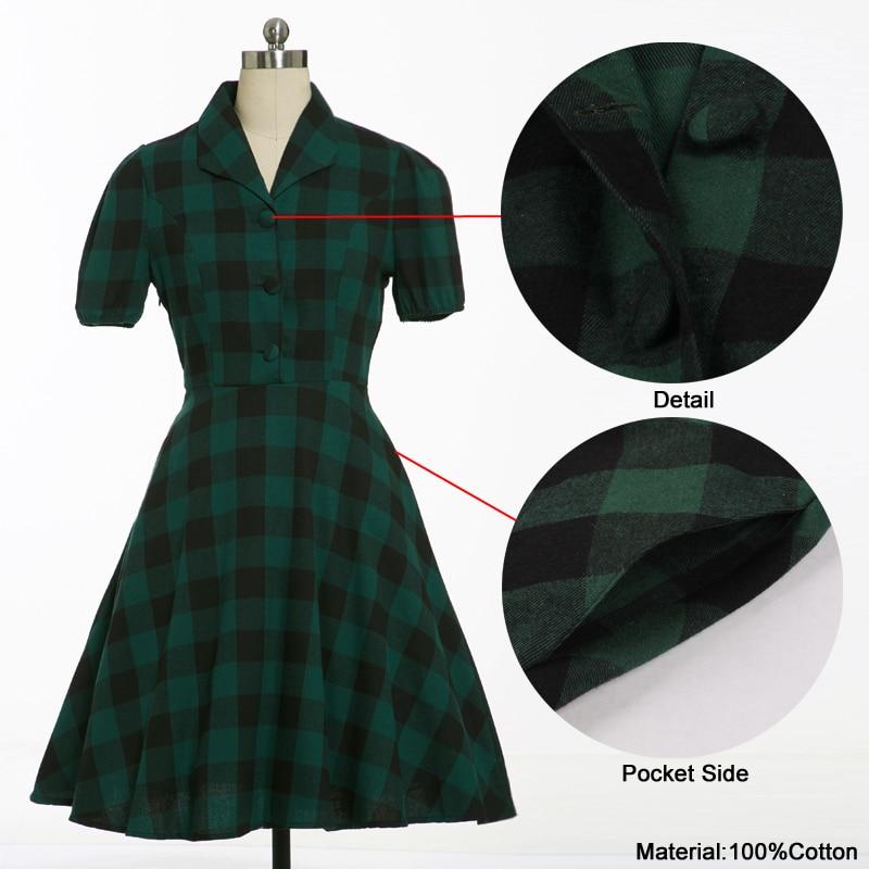 Pin Up Vintage Green Plaid Elegant Turn-Down Collar Pocket Side Cotton Gingham Rockabilly Dress
