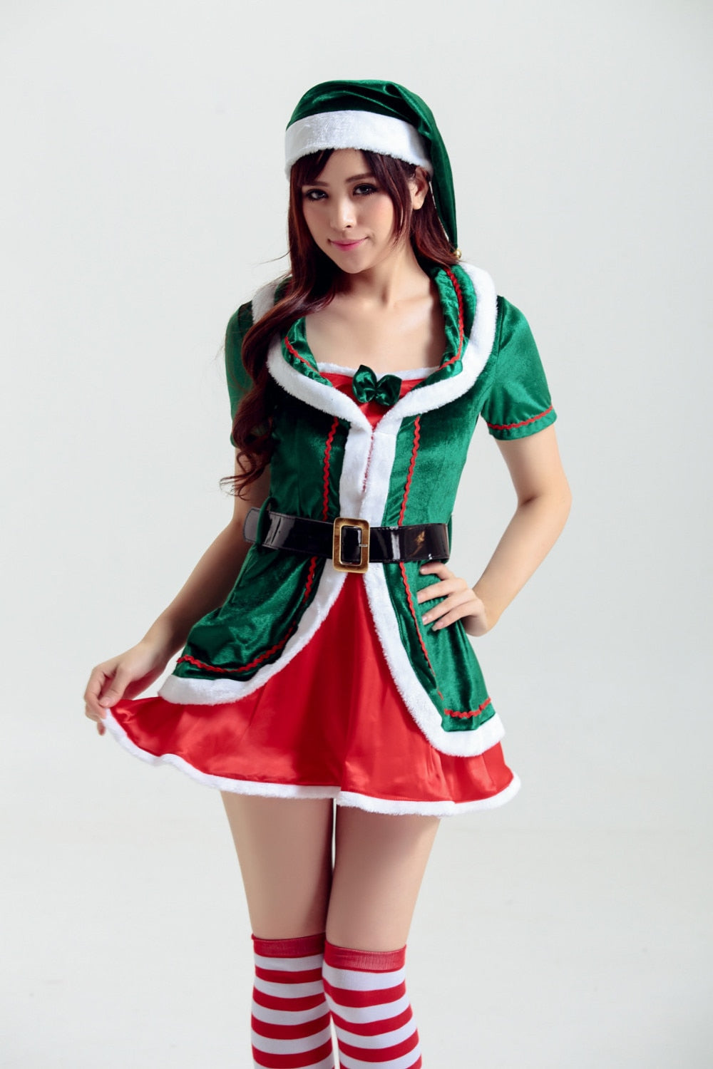 Deluxe Adult Sexy Women Santa Clause Costume Christmas Mini Dress Green Elf Xmas Home Party Costume