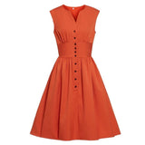 Rust Orange Single Breasted High Waist Pleated Summer Shirt Style V Neck Casual Solid Vintage Dress