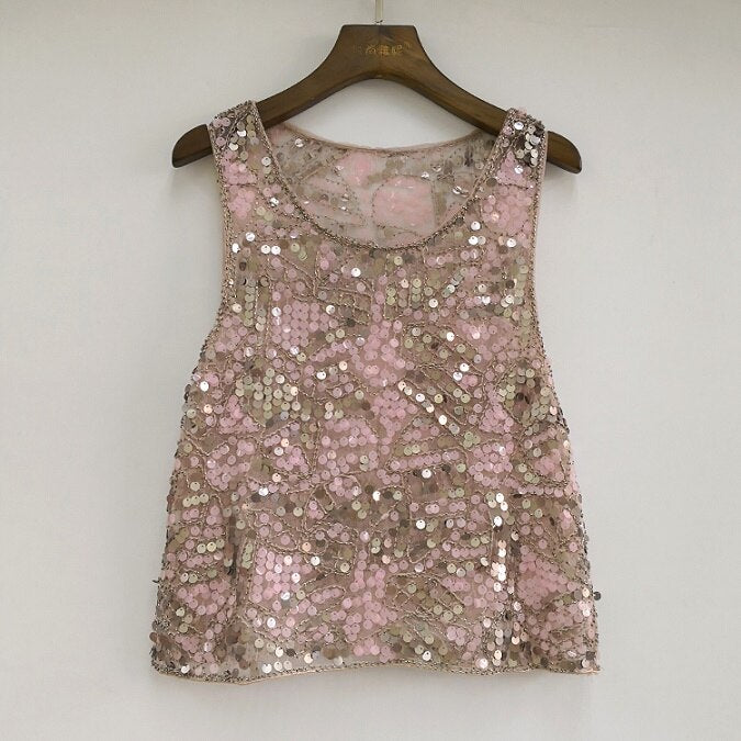 Pink Embellished Sequin Vintage Beaded Mesh Top Summer Casual Sleeveless Paisley Tank Top with Appliques