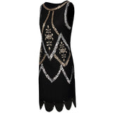 Women Little Black Dress 1920s Flapper Gatsby Charleston Sequin Bead Vintage O-Neck Sleeveless Embroidery Mini Party Dress