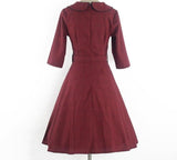 Casual Burgundy Elegant Autumn Plaid Vintage 3/4 Sleeve Office Lady Belted Retro Dress