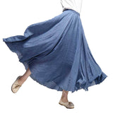 Women Linen Cotton Long Elastic Waist Maxi Beach Boho Casual Lady Vintage Pleated Skirt