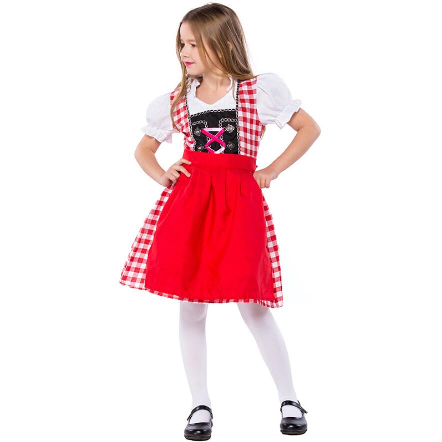 S-XL 2018 Children Oktoberfest Costume Red Plaid Octoberfest Bavarian Beer Kids Girl Dress