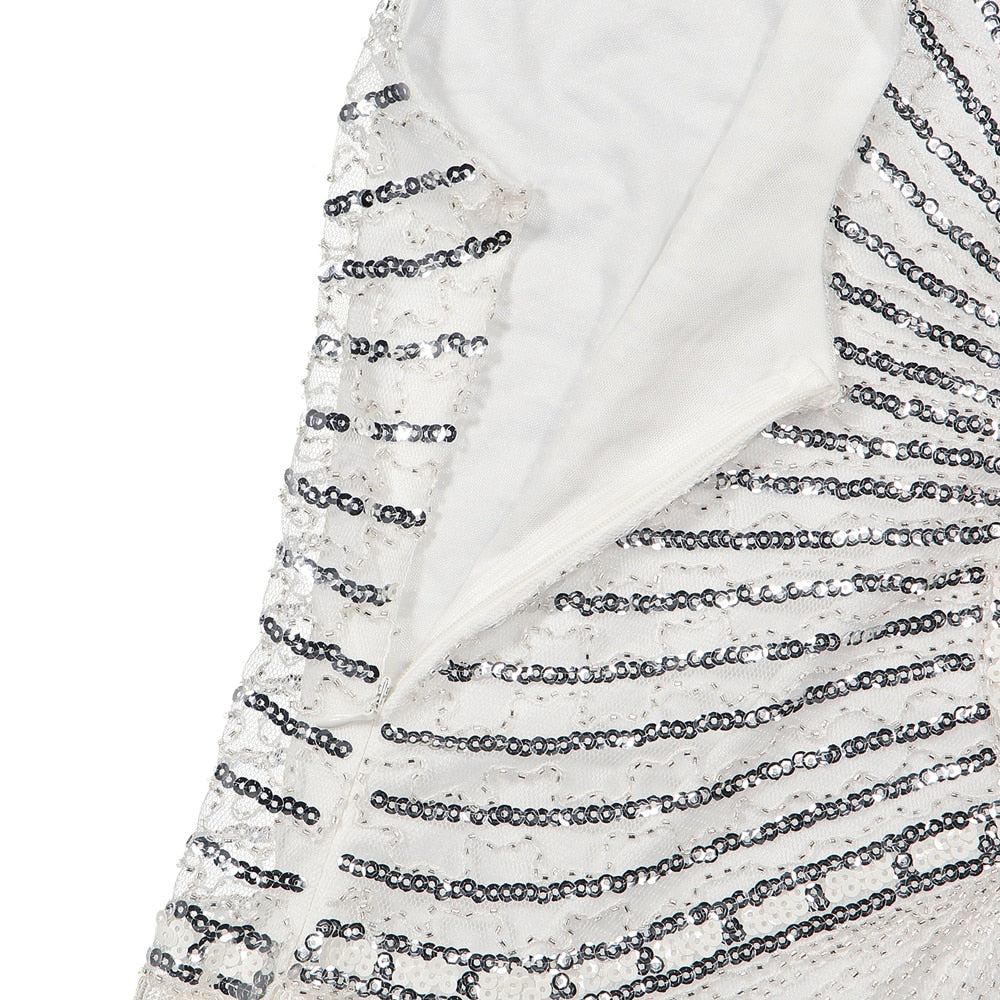 1920s Gatsby Charleston Sequin White Bead Fringe Flapper Dress Vestido Robe Double V-Neck Sleeveless Tiered Tassel Party Dress