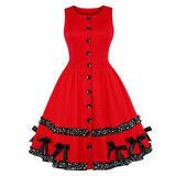 Pin Up Polka Dot Ruffle Pleated Button Up Bow Bottom Red Women Vintage Retro Christmas Dress