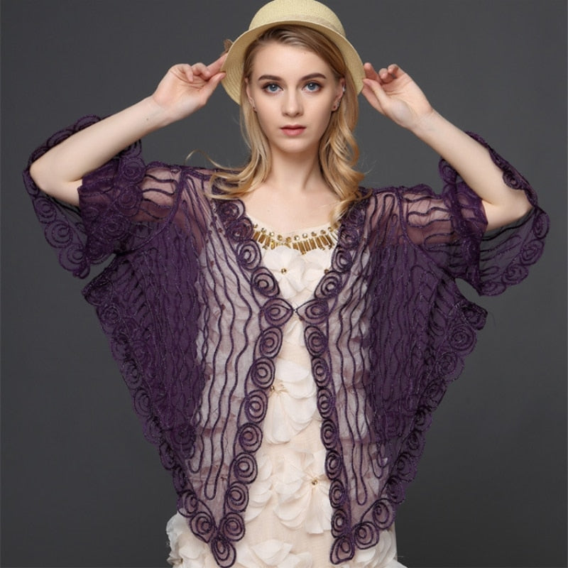 Vintage Lace Cardigan Big Size Flare Sleeve V Neck Thin Sheer Embroidery Mesh Striped Poncho Coat