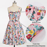 Pink 1950s Pin Up Bow Front Party Floral Pocket Side Spaghetti Strap Fit and Flare Pleated Vintage Dress