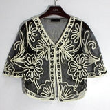 Elegant Perspective Lace Mesh Bolero Coat Jacket Embroidery Flower Half Sleeve Coverd Button Shawl Cardigans