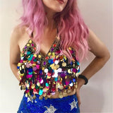 Rainbow Sequin Tassel Mermaid Mirror Body Harness Bra Crop Beading Coins Lace-Up Chiffon Boho Camis Top