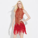Shining Sequin Fringe Party Dance Dress Halter Sleeveless Cold Shoulder Fish Scale Vintage 1920s Flapper Dress