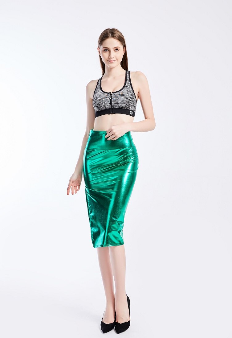 Summer Holographic Thigh Splits Bodycon Midi Skirt Sexy Metallic Wet Look Laser Blue Pencil Skirt Festival Rave Clothing