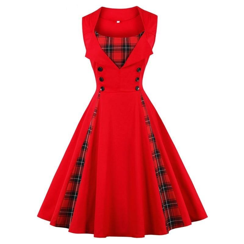 Plaid Vintage Red Tunic Summer Dress Women Button Pinup Girls 1950s Dress