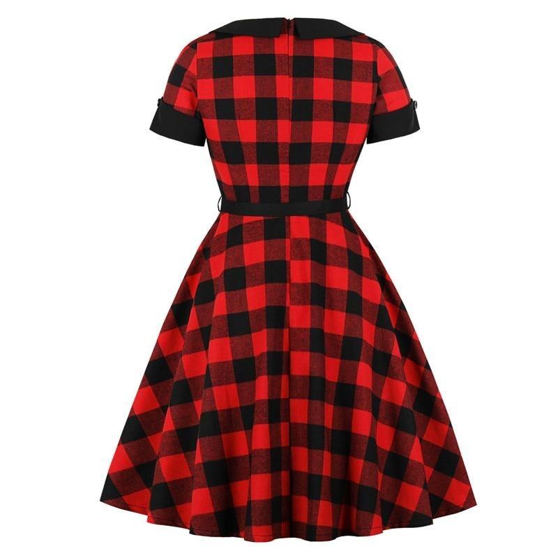 1950s Retro Gingham Rockabilly Pinup Red Plaid Belted Button Front Vintage Women Dress