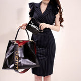 Women Summer Office Lady Belted Striped Dress Ruffle Sleeve Notched Collar Slim Sexy Korean Fashion Style Vestidos Dress