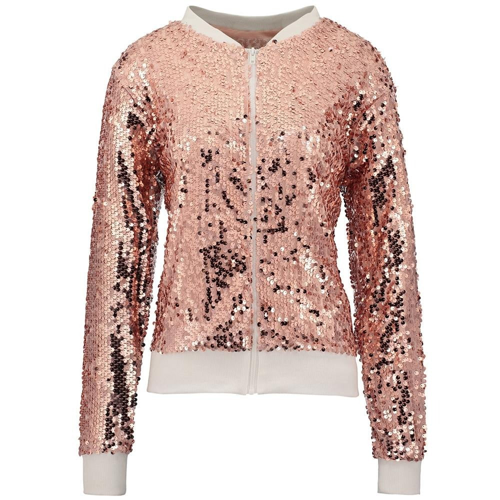 Sparkly Autumn Women Sequin Bomber Jacket Casual Long Sleeve Front Zip Up Casual Coat with Ribbed Cuffs