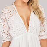 Elegant V Neck Embroidery Ruffle Pleated Lace Up Casual Sexy Hollow Out White Lace Dress