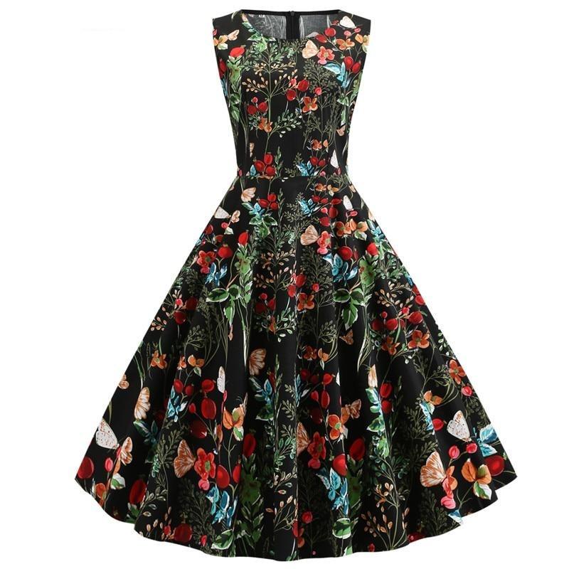 Rockabilly Glamorous Multicolor Floral Retro Cotton 1950s Party Pin Up Black Vintage A Line Dress