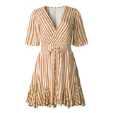 Vintage Striped Women V Neck Ruffle Cotton Short Sexy Casual Ladies Shirt Mini Dress