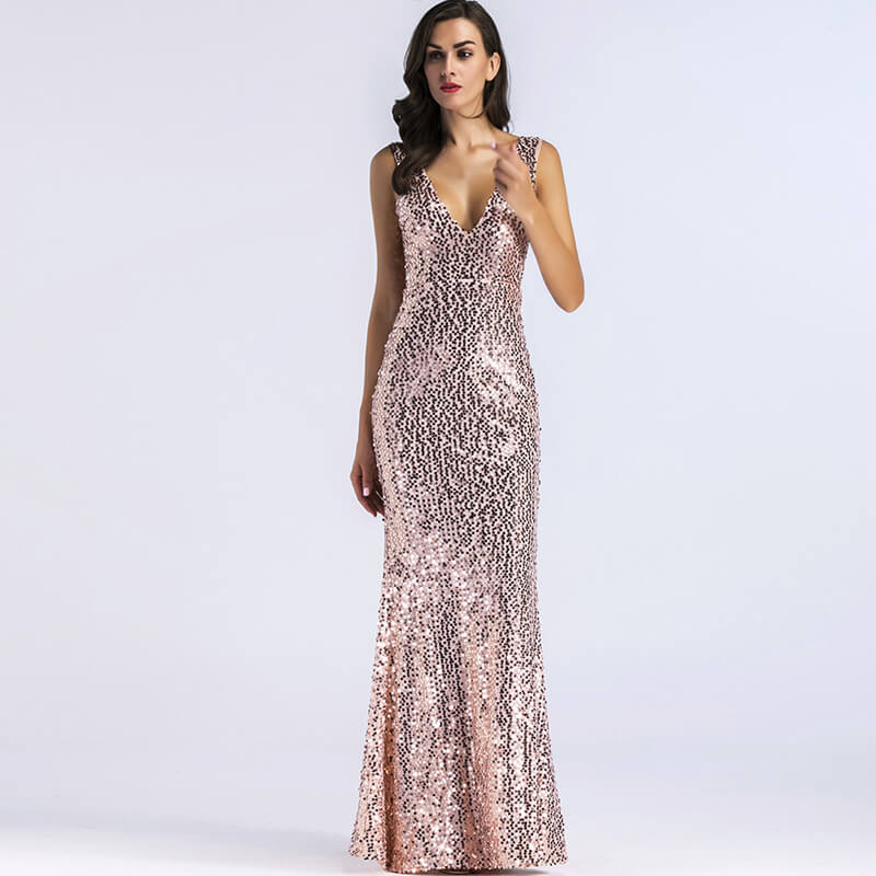 Shining Gold Sequin Maxi V-neck Chic Evening Party Mermaid Elegant Sleeveless Sequins Dress