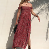 Boho Style Floral Print Off Shoulder Beach Women Summer Chiffon Maxi Long Vintage Dress