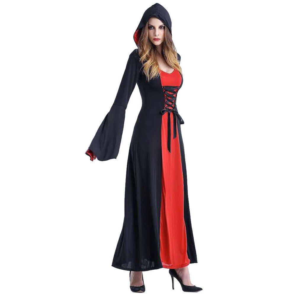 High Quality Adult Women Halloween Vampire Queen Costume Witch Medieval Renaissance Long Hooded Gown Dress