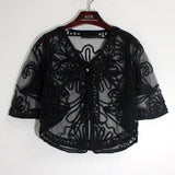Elegant Perspective Lace Mesh Bolero Coat Jacket Embroidery Flower Half Sleeve Coverd Button Shawl Cardigans