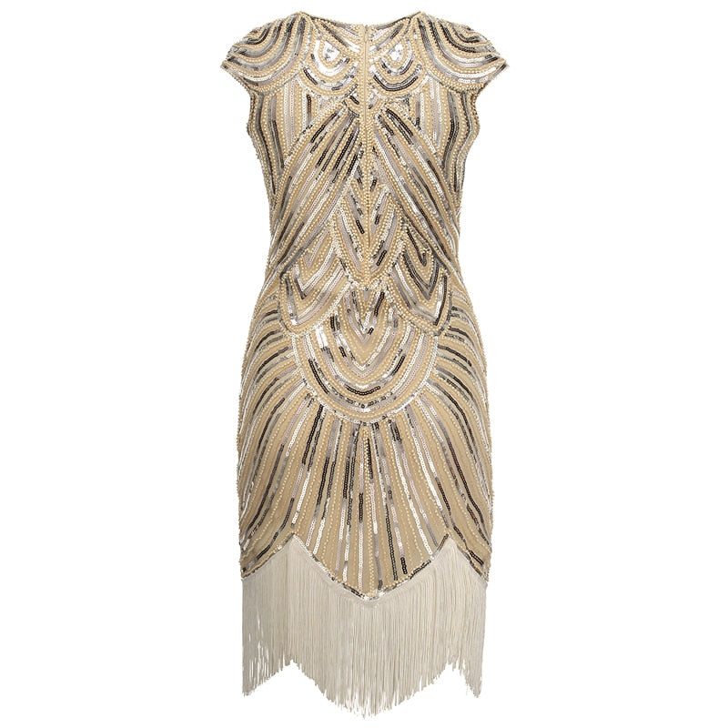 Art Deco Great Gatsby O-Neck Cap Sleeve Vintage Sequin Bead Tassel 1920s Flapper Dress Roaring Party Costumes