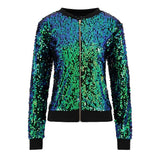 Sparkly Autumn Women Sequin Bomber Jacket Casual Long Sleeve Front Zip Up Casual Coat with Ribbed Cuffs