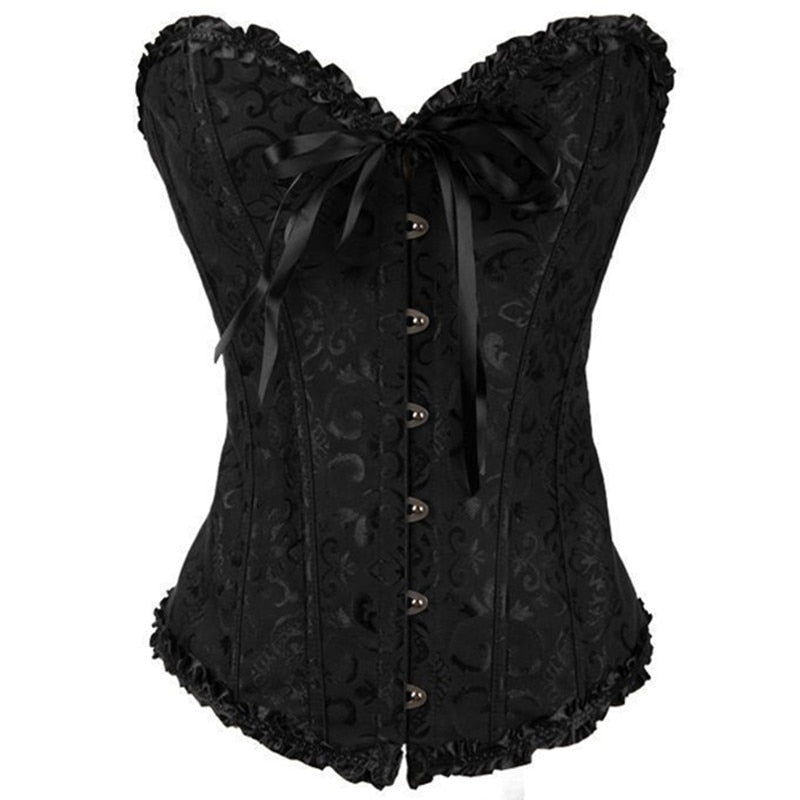 Hot Sale ! Sexy Satin Floral Gothic Lace up Boned Overbust Corset Bustier Waist Trainer Plus Size XS-7XL with G-string