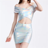 Women Skinny Shiny Laser Holographic Mini Hollow Out Patchwork Low Cut Dresses