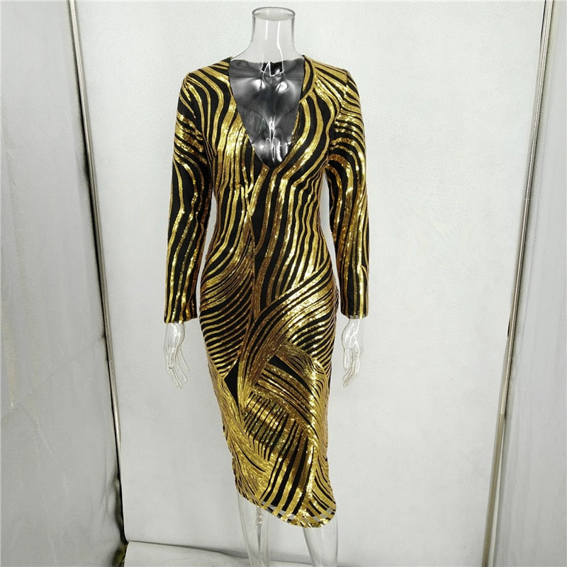 Stripes Gold Sequin Black Patterns Midi Chic Long Sleeve V Neck Dress