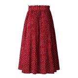 New White Dots Floral Print Pleated Midi Elegant Elastic High Waist Side Pockets Women Skirt