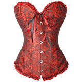 Sexy Satin Floral Gothic Lace up Boned Overbust Corset and Bustier Waist Trainer Plus Size XS-7XL with G-string