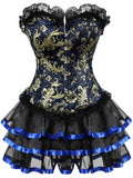 Gothic Gold Jacquard Corset Lace up Overbust Corsets Halloween Costume cosplay Dress Tutu Skirt Petticoat Showgirl Dance Dress