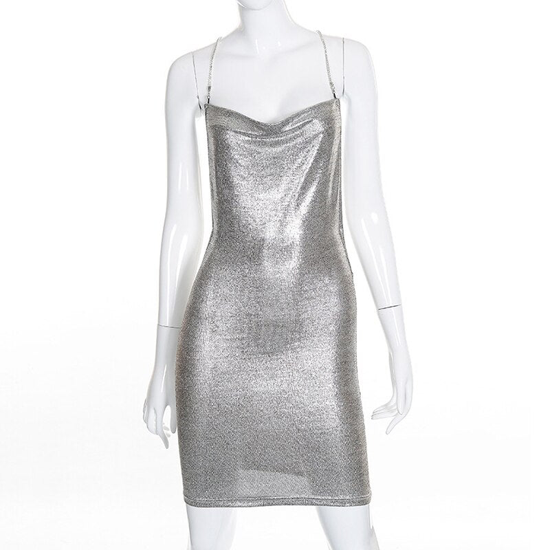 Bling Fabric Metal Chain Patchwork Mini Deep V Neck Sleeveless Backless Skinny Dress