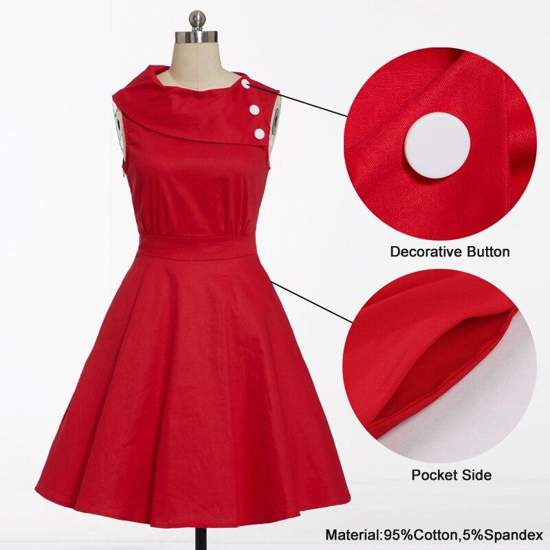 Red Turn-Down Collar Buttons Retro Sleeveless Pockets Elegant Cotton Solid Skater Vintage Dress