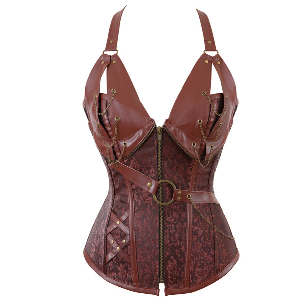 Sexy Steampunk Leather Halter Corset Gothic Women Bustiers And Corsets Black Wetlook Front Zipper Slimming Shapewear