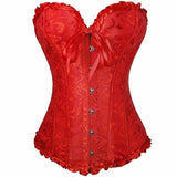 Hot Sale ! Sexy Satin Floral Gothic Lace up Boned Overbust Corset Bustier Waist Trainer Plus Size XS-7XL with G-string