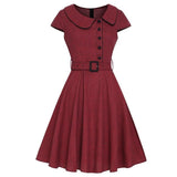 Burgundy Button Up Vintage Plaid Cap Sleeve Office Lady Summer Tunic Retro A Line Dress