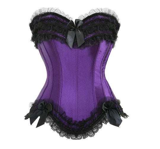 Sexy Satin Overbust Corset Top Zipper Side Bowknot Decorated Lingerie Showgirl Shaper Top Corsets Plus Size S-6XL